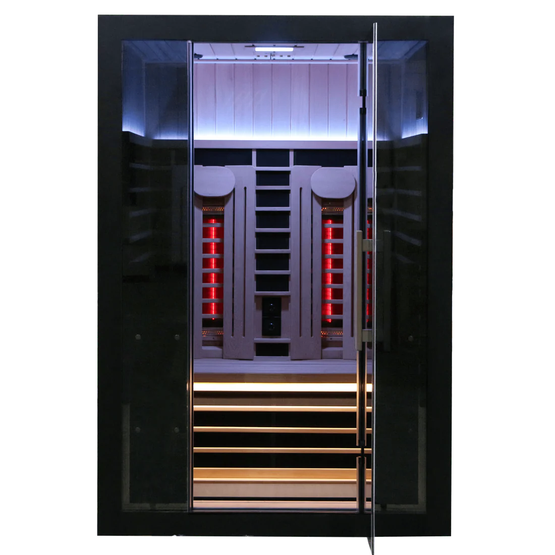 A modern elevator interior with illuminated steps and control panels.