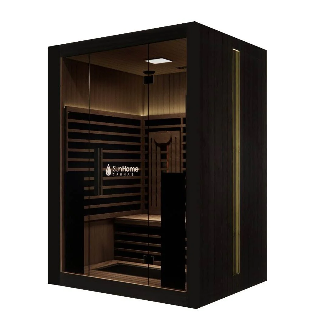 Tall dark wood infrared sauna with LED trim
