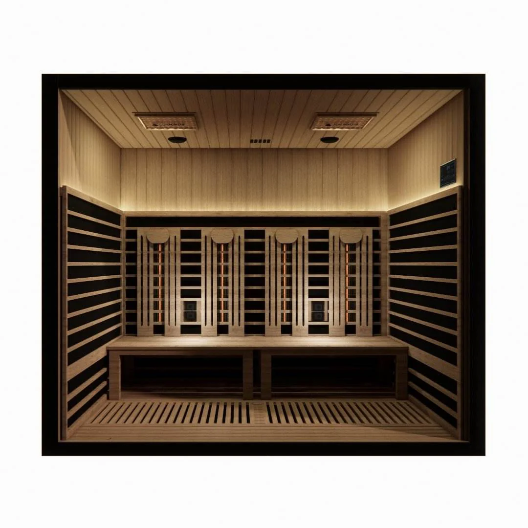 A modern wooden sauna interior with benches and a warm ambiance.