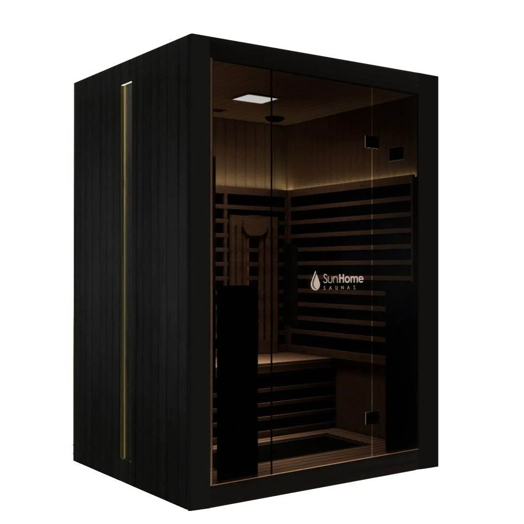 Modern infrared sauna cabin with dark glass door and wooden interior.