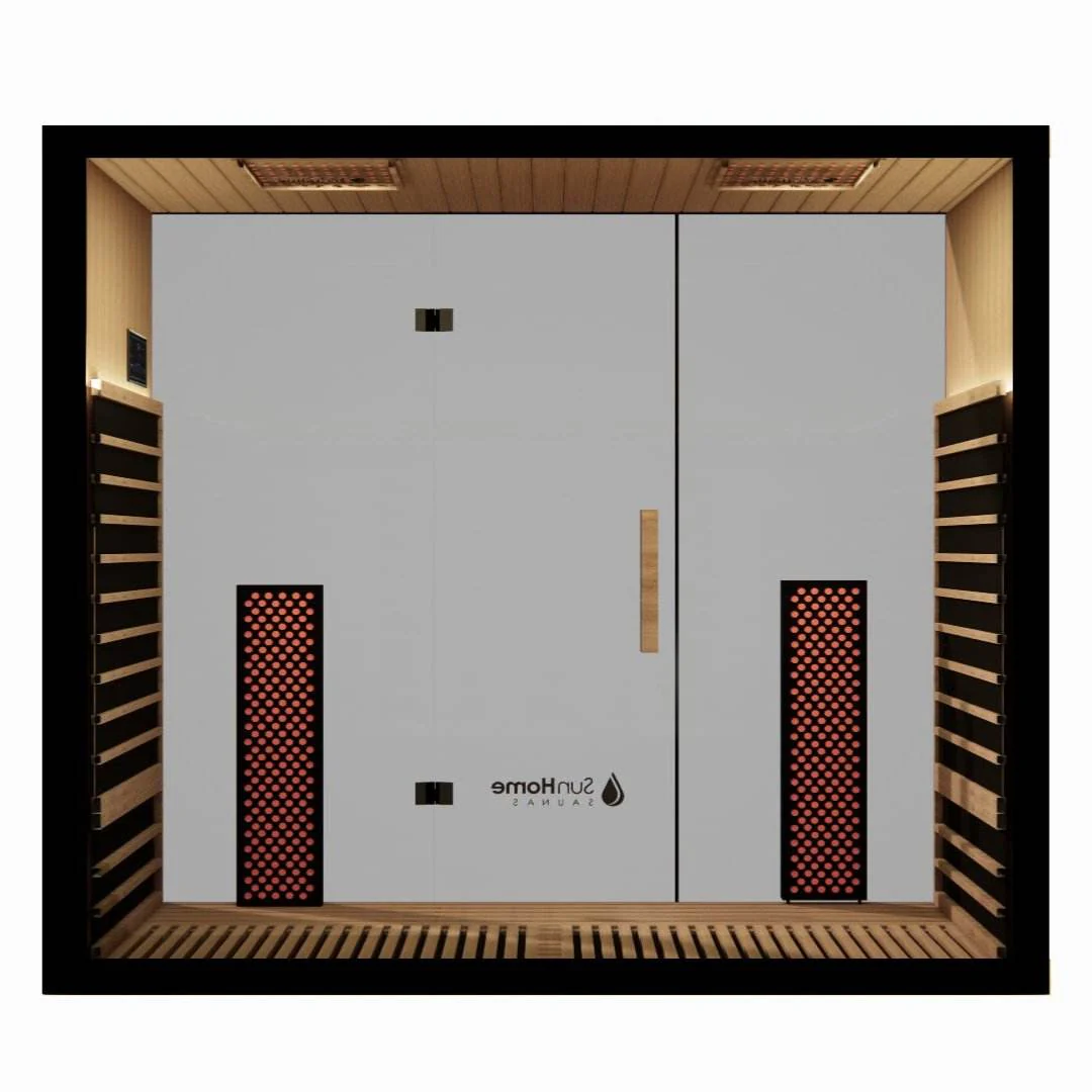 Top-down view of a modern sauna room with wooden benches and heating elements.