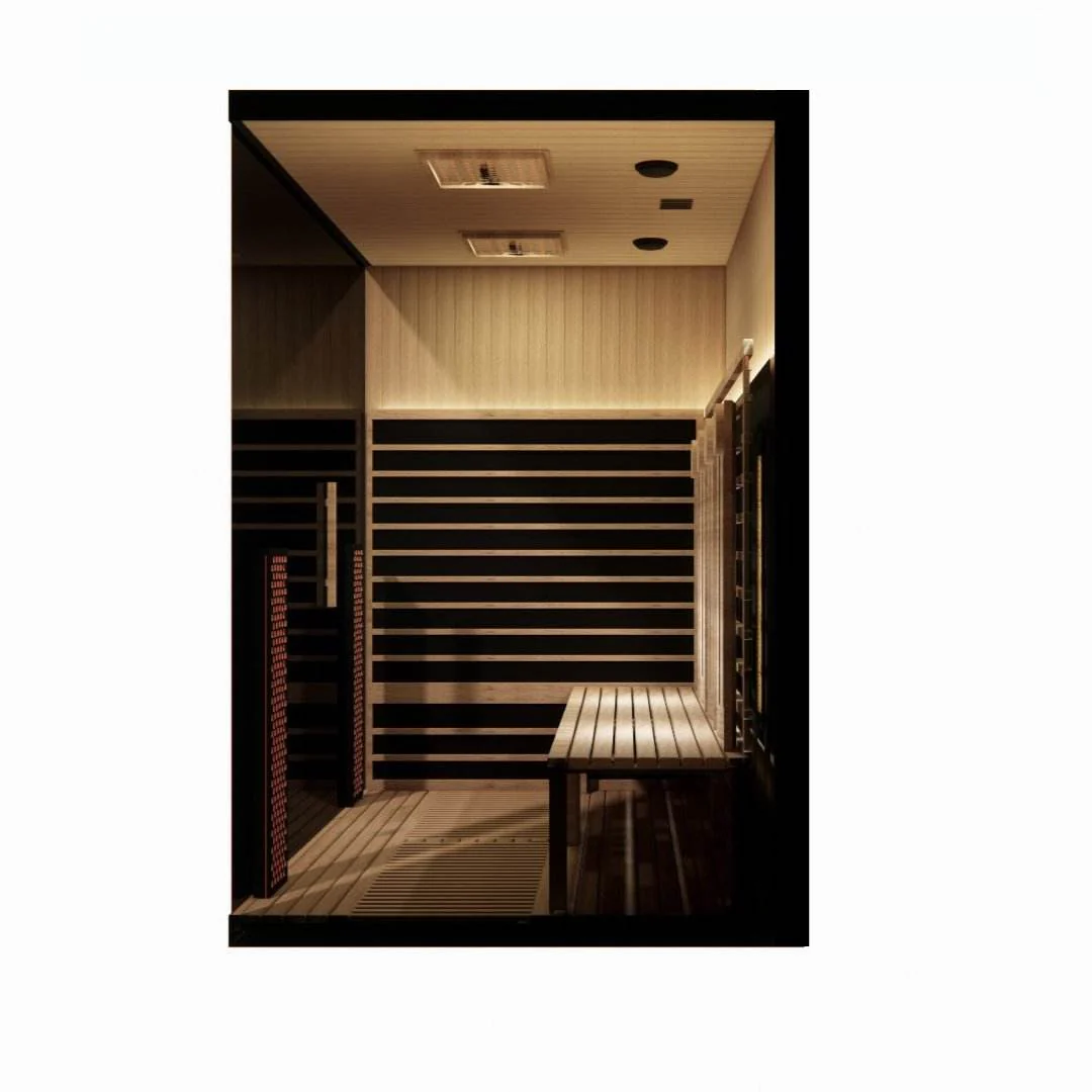 Modern sauna room with wooden benches and warm lighting.