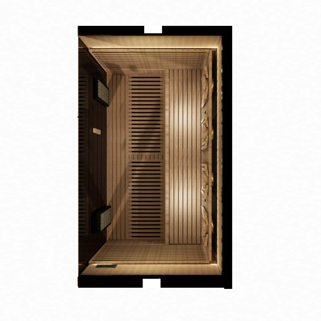 Top-down view of a modern wooden sauna interior with bench seating.