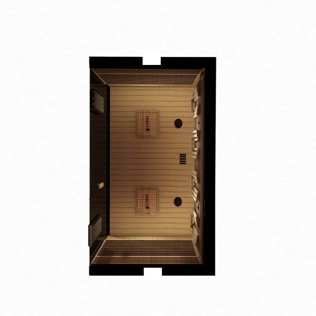 Top view of a small wooden sauna room with benches along the walls.