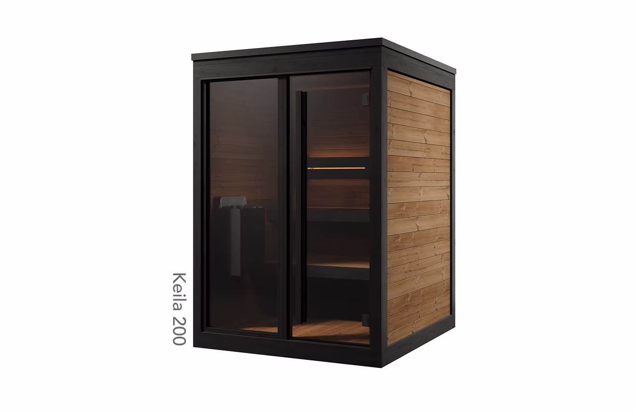 Compact modern wine cooler with glass doors and wooden sides.