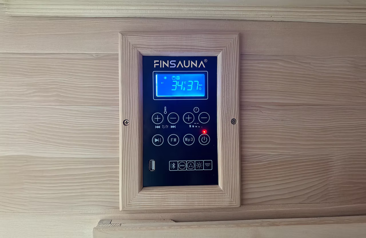 Digital control panel for a Finsauna sauna system.