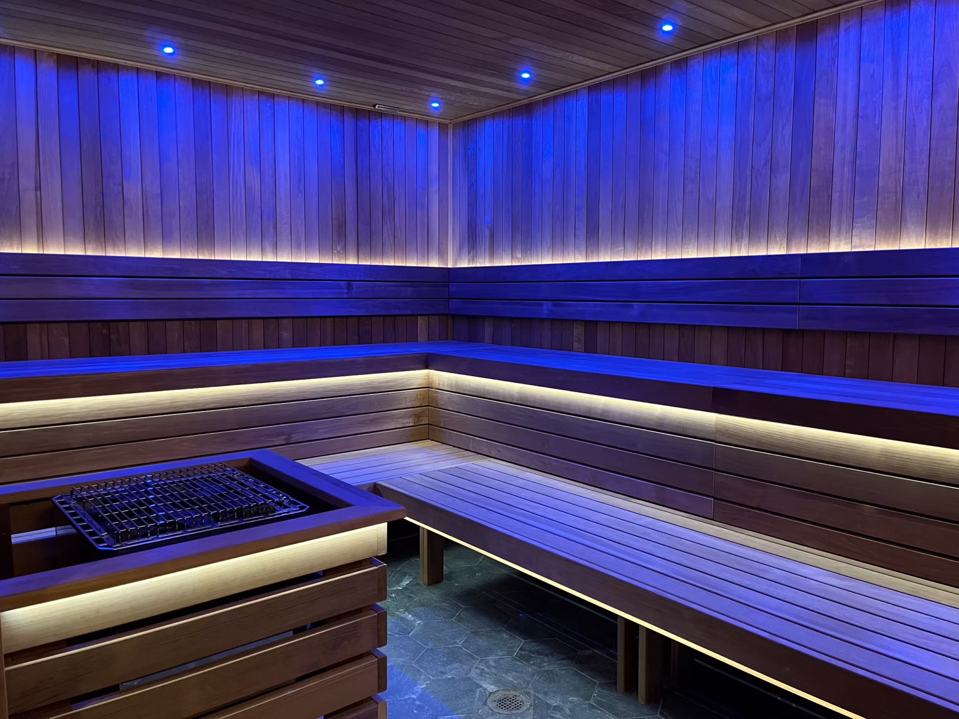 Modern sauna with wooden benches and blue LED lighting.
