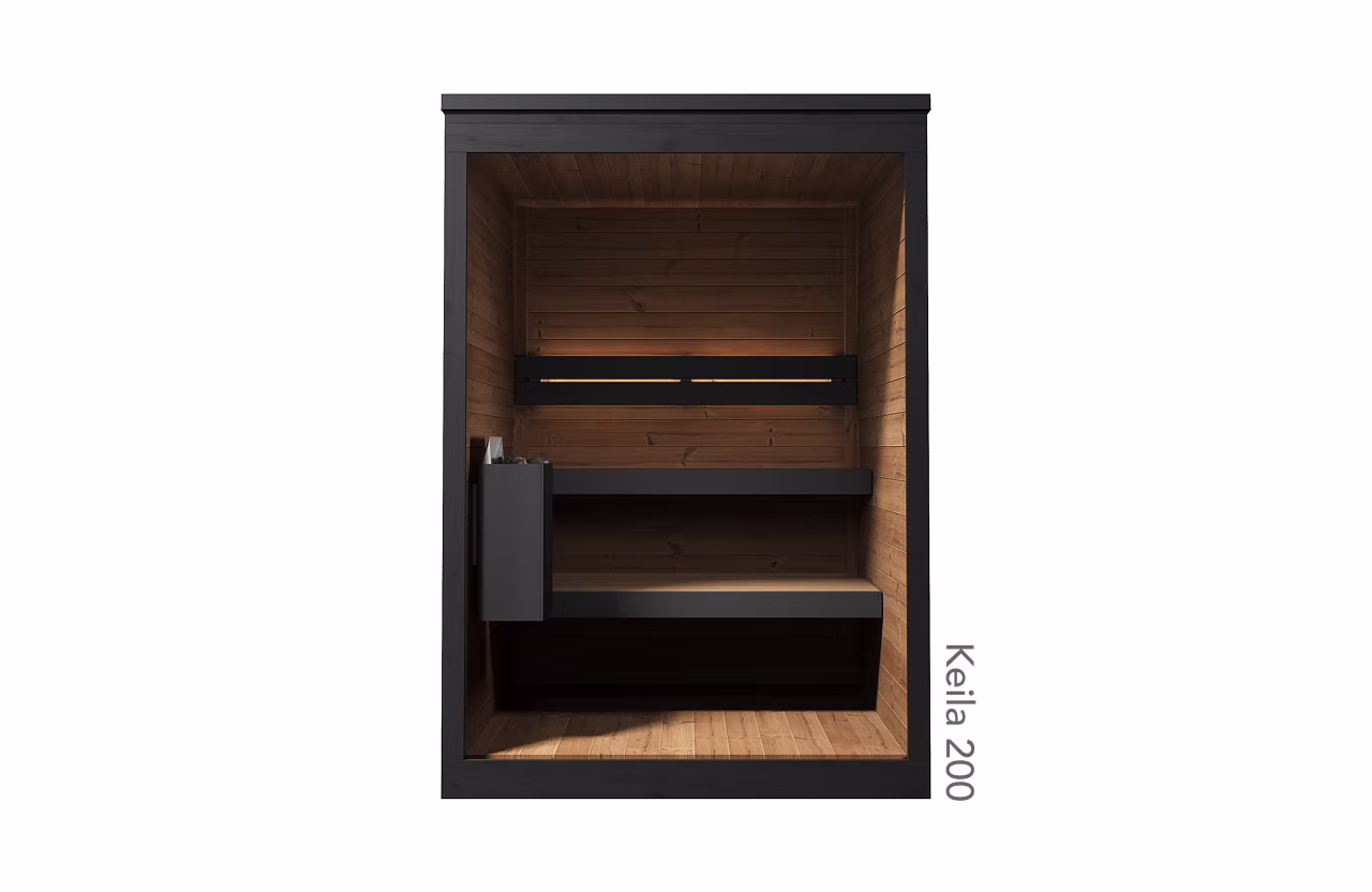 Modern wooden sauna interior with benches and a heater.