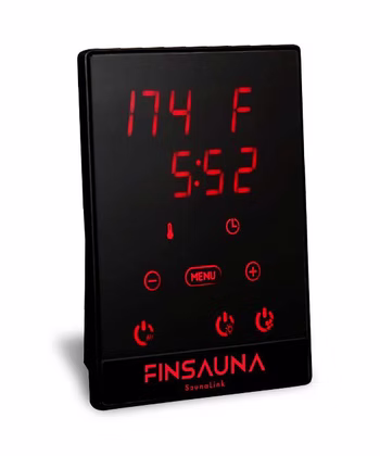 Digital sauna control panel displaying temperature and timer.