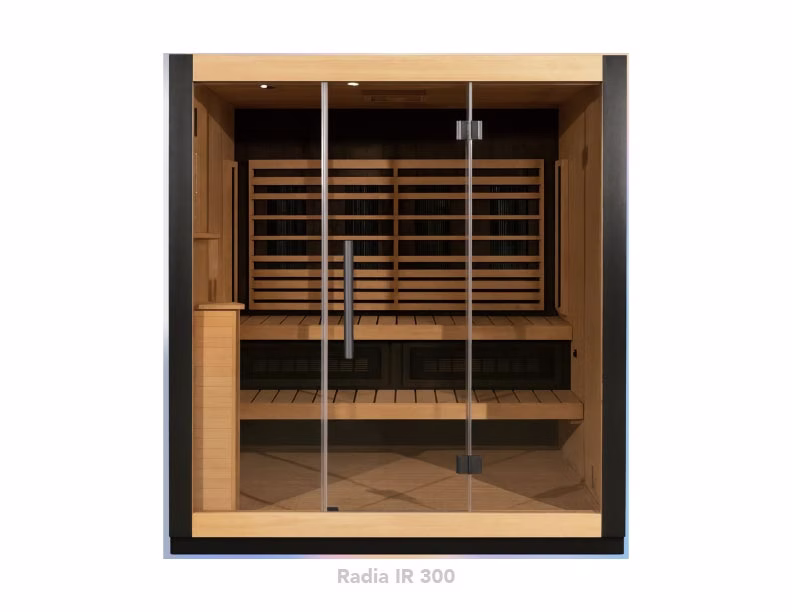 Modern wooden sauna with glass door and bench inside.
