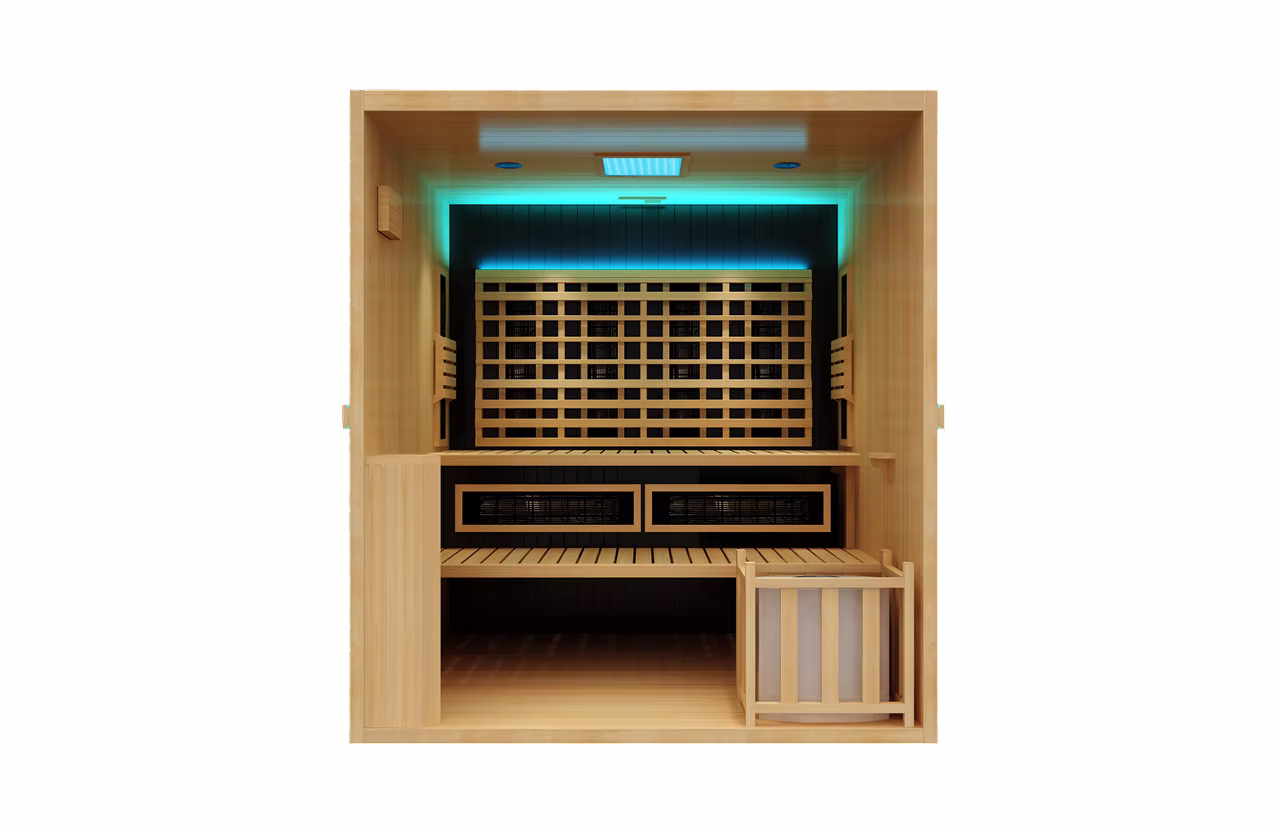 Modern wooden infrared sauna with blue LED lighting and bench seating.