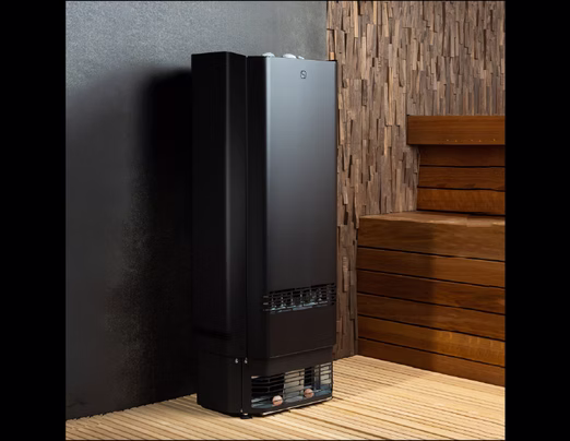 Sleek black vertical water heater installed indoors.