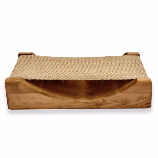 Wooden serving tray with woven bottom.