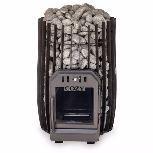 Electric sauna heater filled with stones.