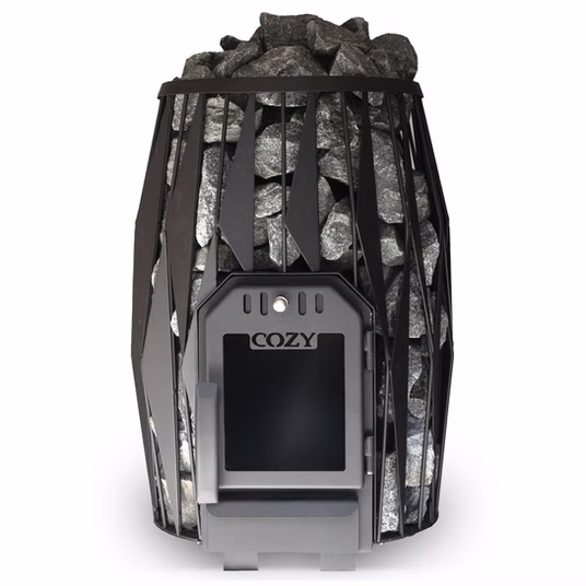 A black cage-like sculpture with a digital display inside.