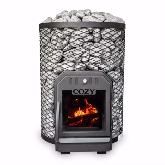 Electric sauna heater with stones and visible flames inside.