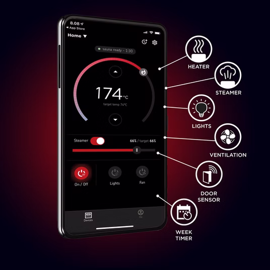 Smartphone app displaying heart rate and health metrics with AI monitoring.