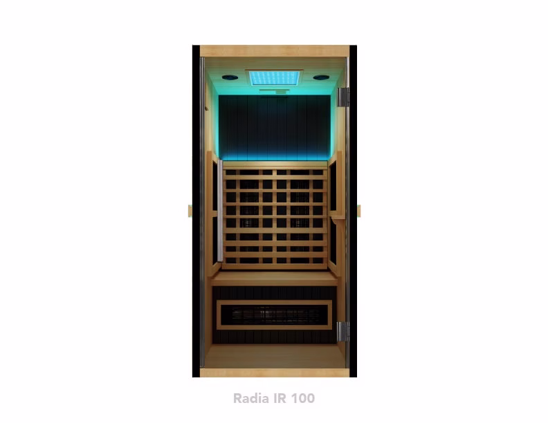 Modern wine cooler with wooden racks and glass door.