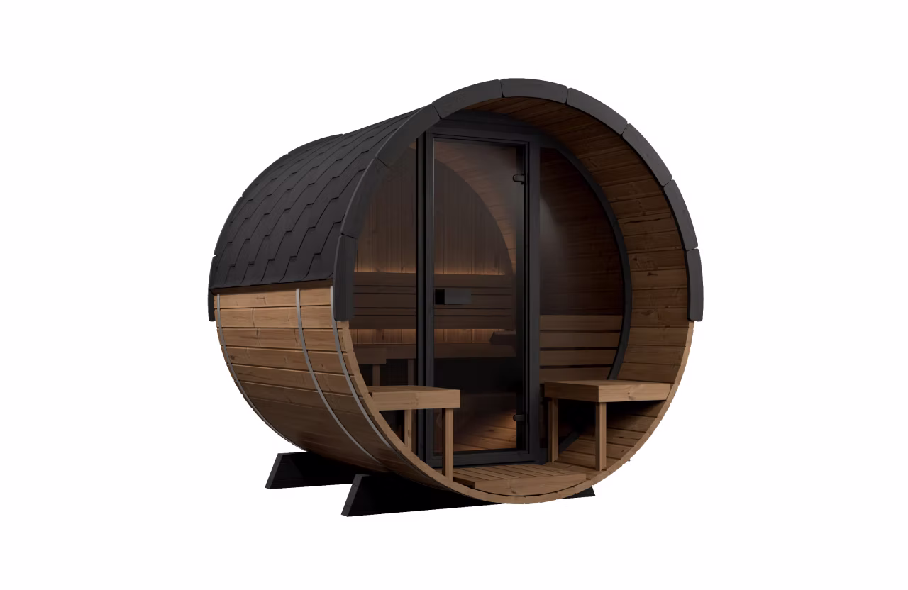 A modern outdoor barrel sauna with glass door and wooden benches.
