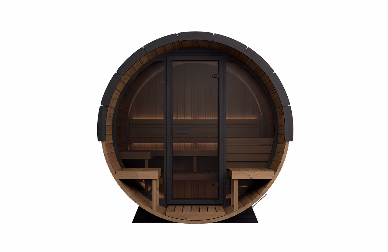 Wooden barrel sauna with glass door and interior benches.