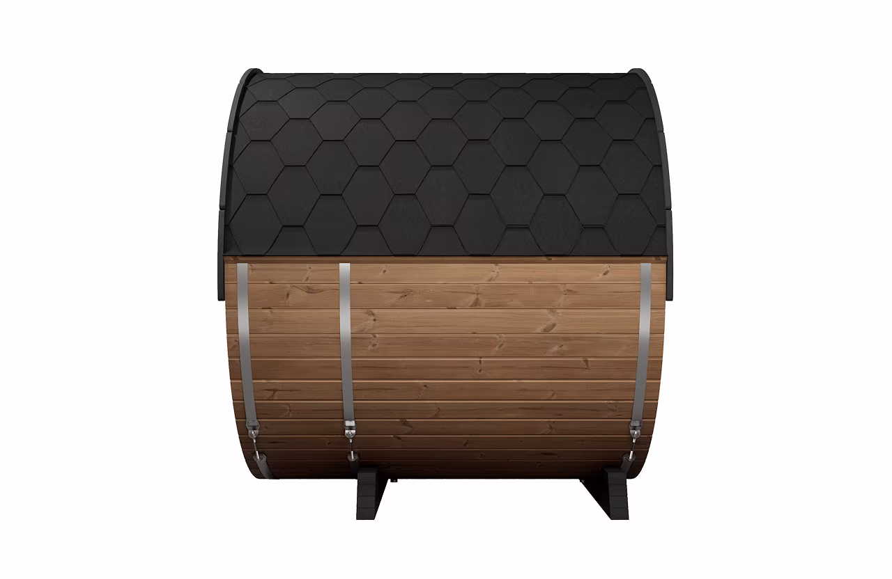 A wooden barrel sauna with a shingled roof and metal bands.