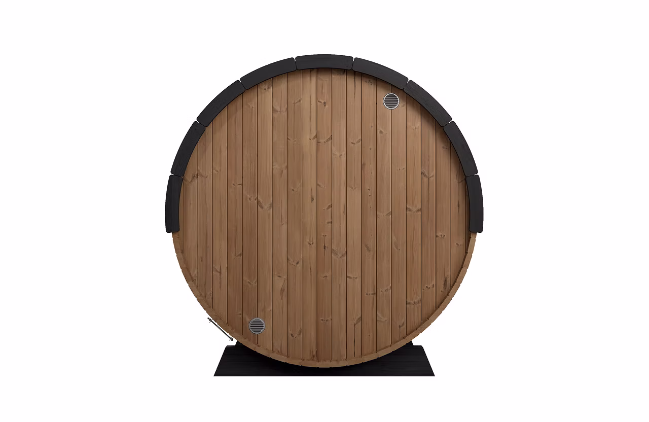 Round wooden barrel with metal bands on a stand.