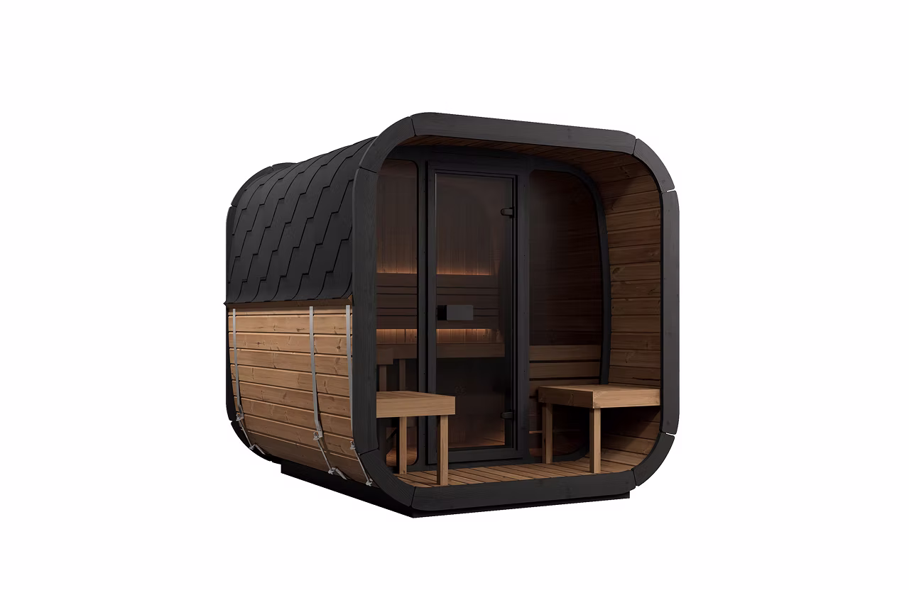Modern outdoor sauna with glass front and wooden elements.