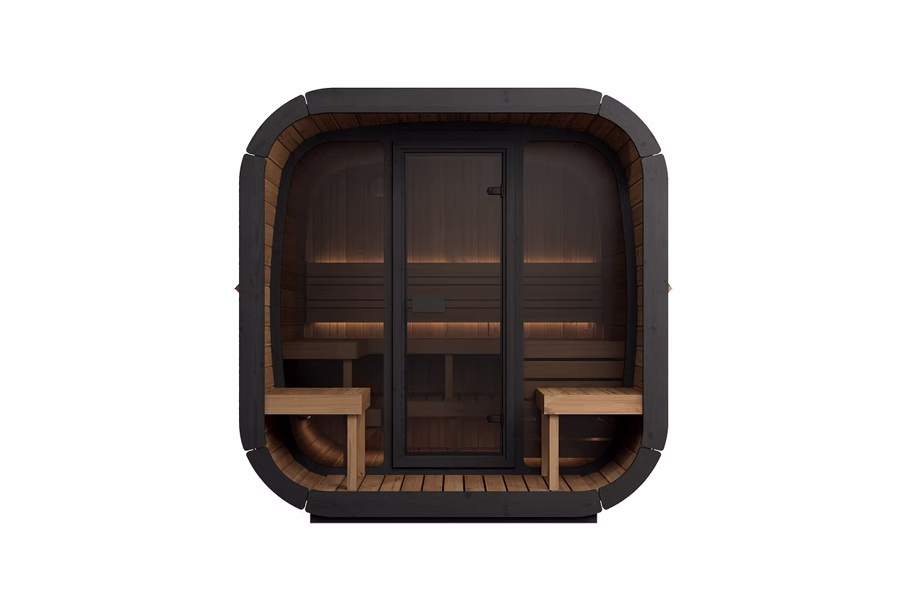 Modern wooden sauna with glass door and bench seating inside.