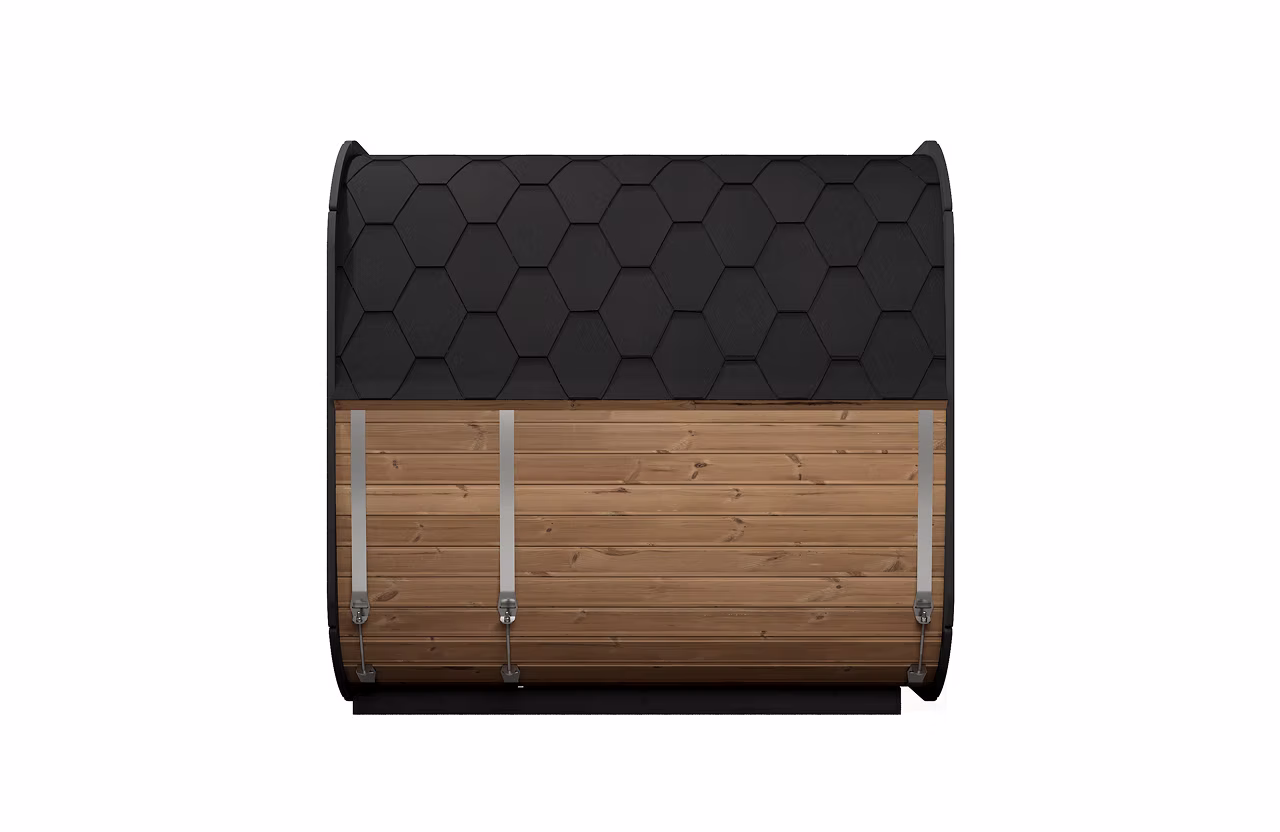 Modern mailbox with wood and black hexagonal design.