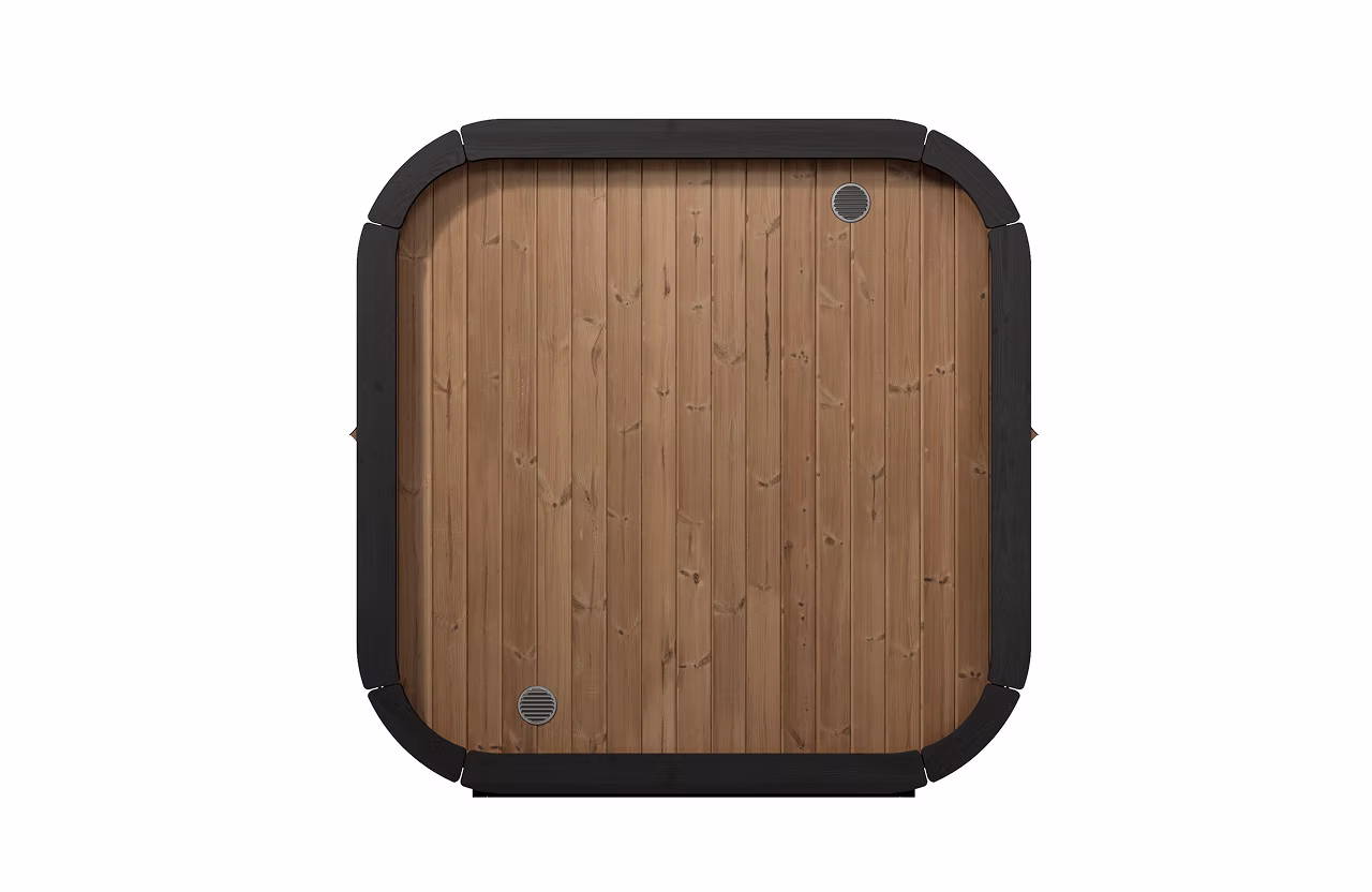 Square wooden cutting board with black frame.