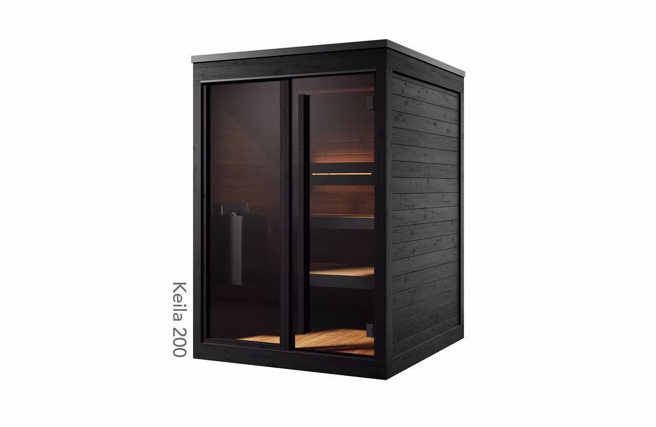 Modern black infrared sauna with glass door and wooden interior.