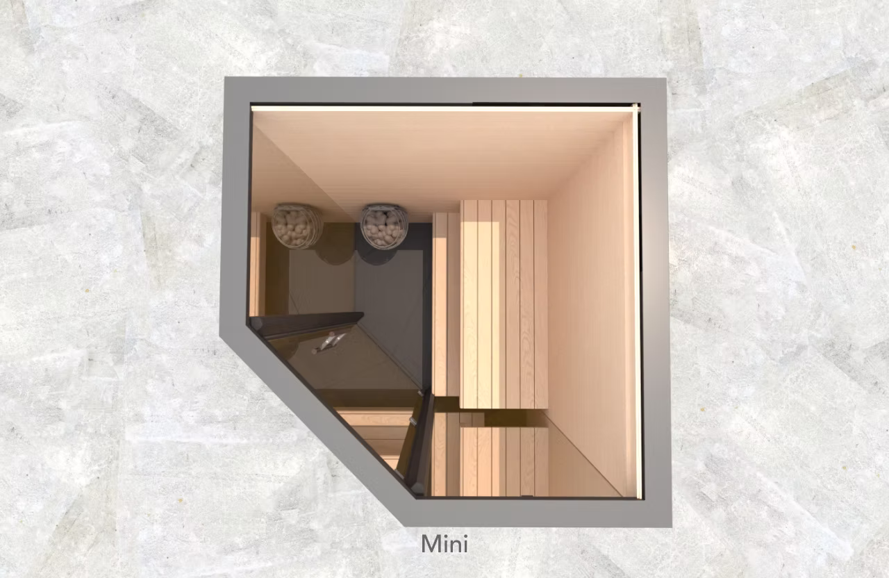 Top view of a modern, minimalist tiny bathroom with a shower, toilet, and wooden bench.