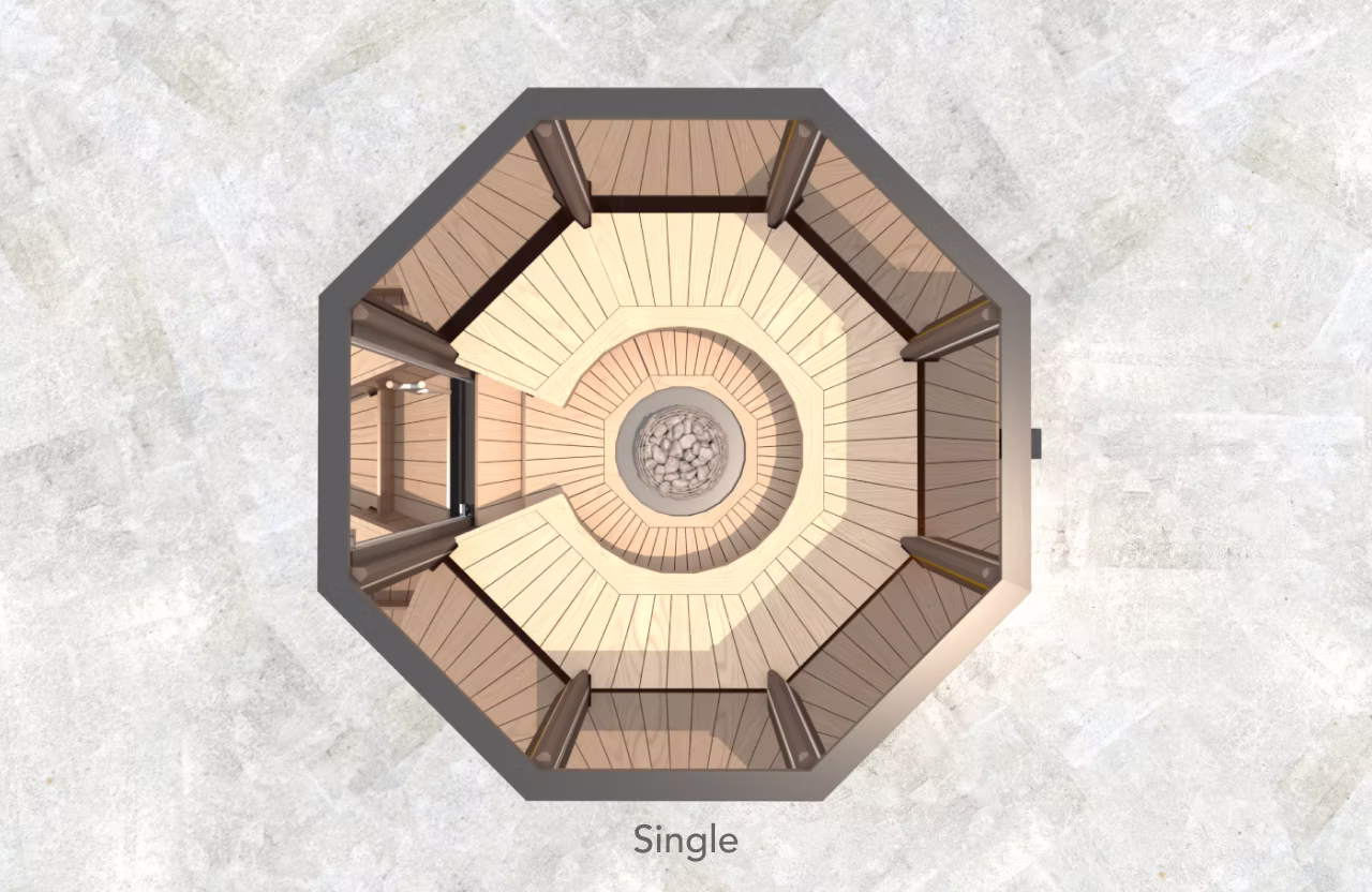 Top-down view of a single octagonal room with central circular design.