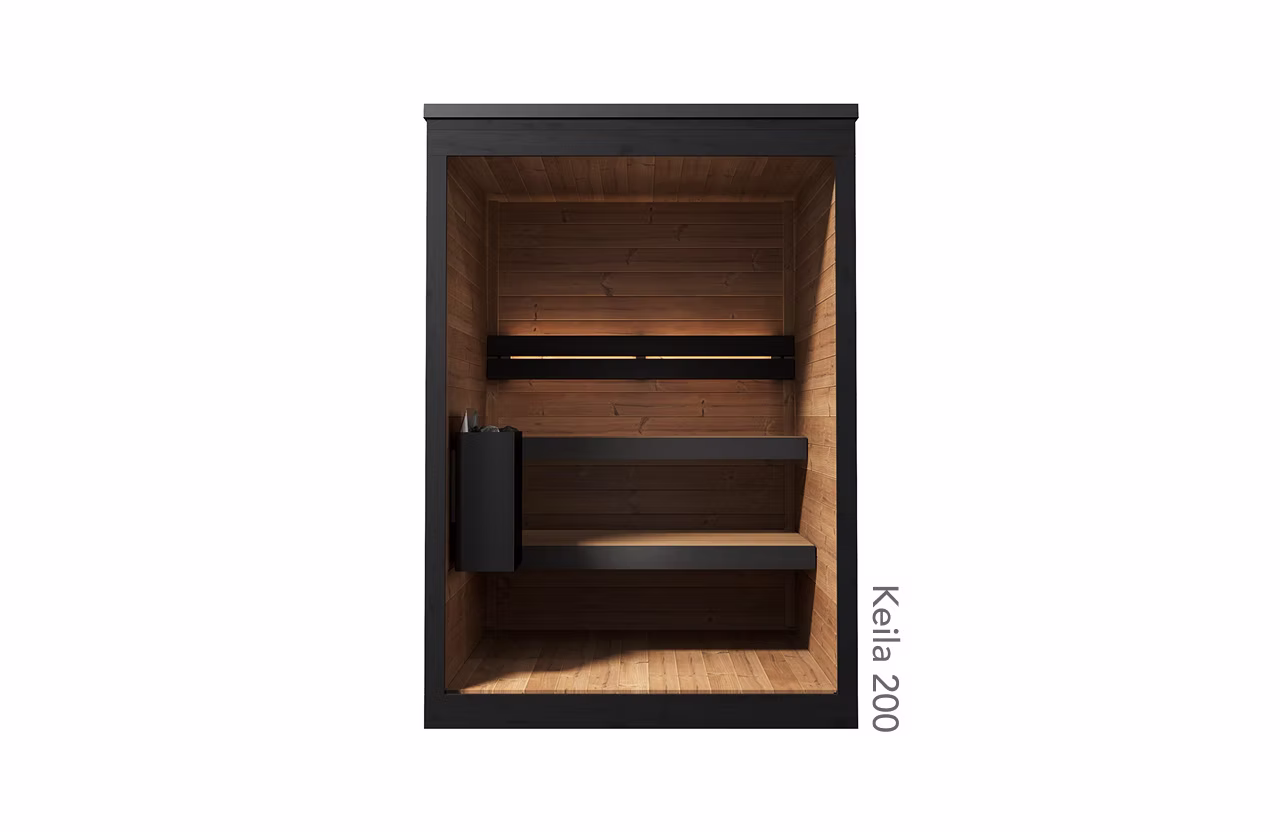 Top-down view of a wooden sauna interior with a bench and heater.