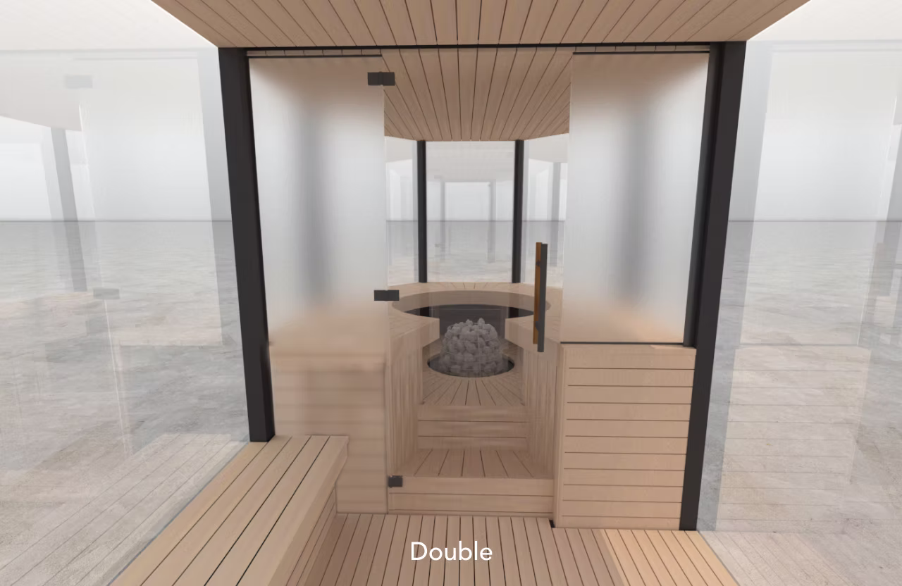 Modern sauna interior with wooden benches and a central stove.