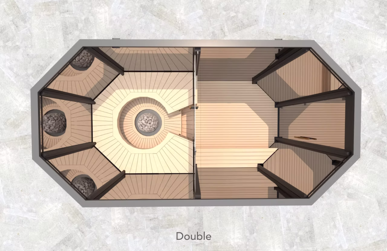 Top-down view of a double sauna interior design with wooden benches and central heater.