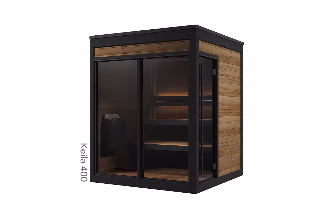 Modern wooden sauna with glass doors and interior benches.