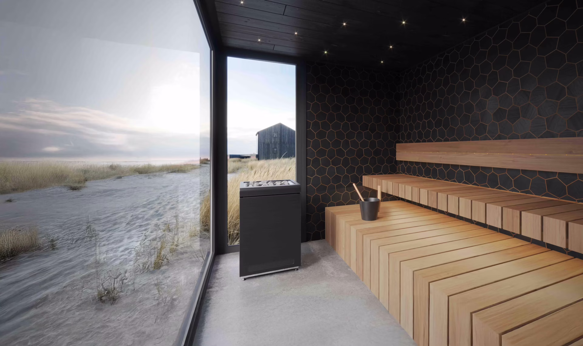 Modern sauna with large window overlooking snowy landscape.