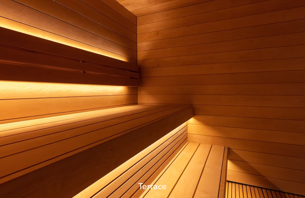 Cozy wooden sauna interior with warm lighting.