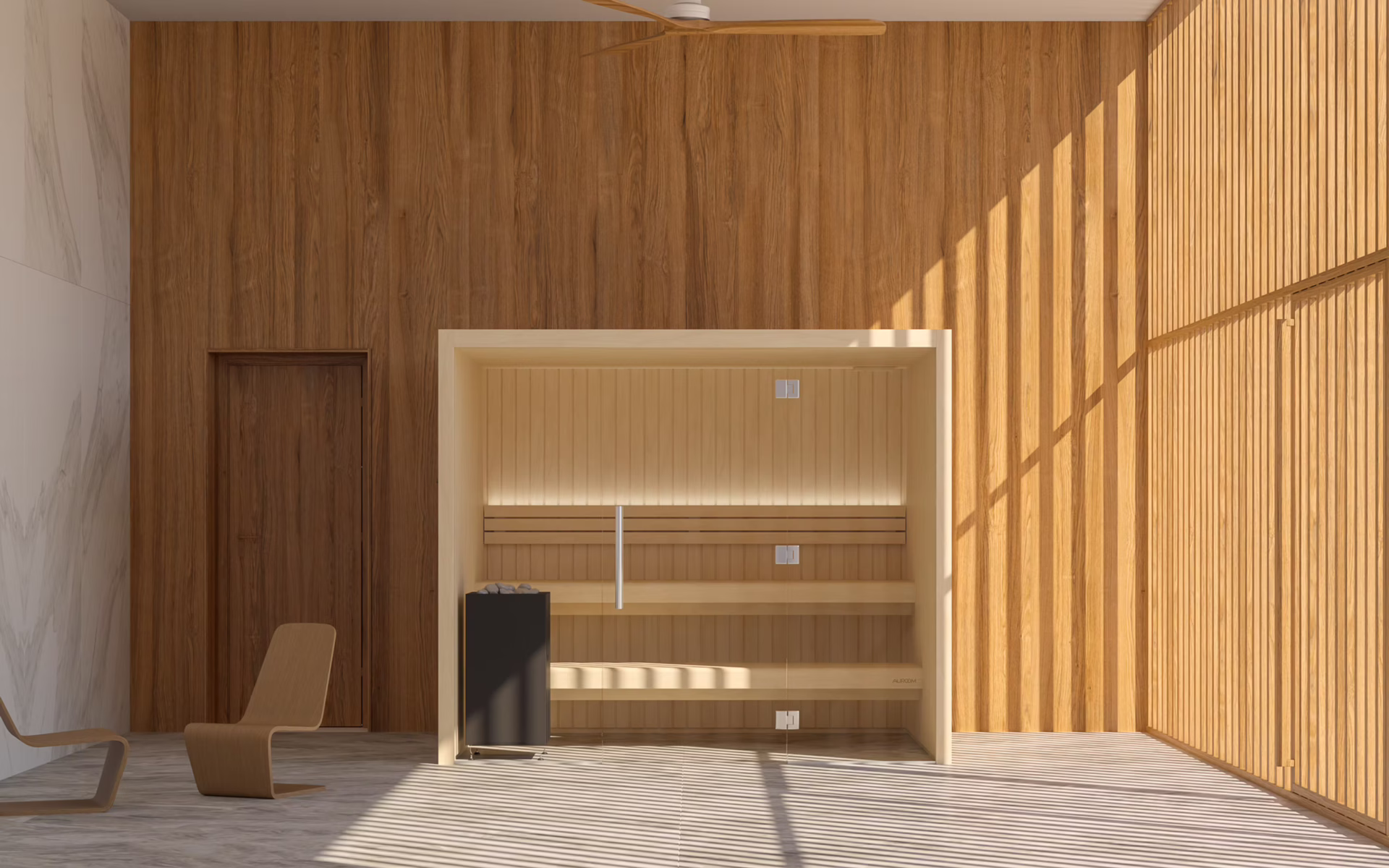 Minimalist wooden interior with shelves and sunlight shadows.