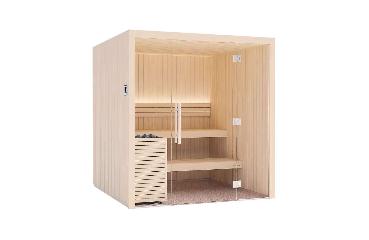Modern wooden sauna cabin with glass door and benches.