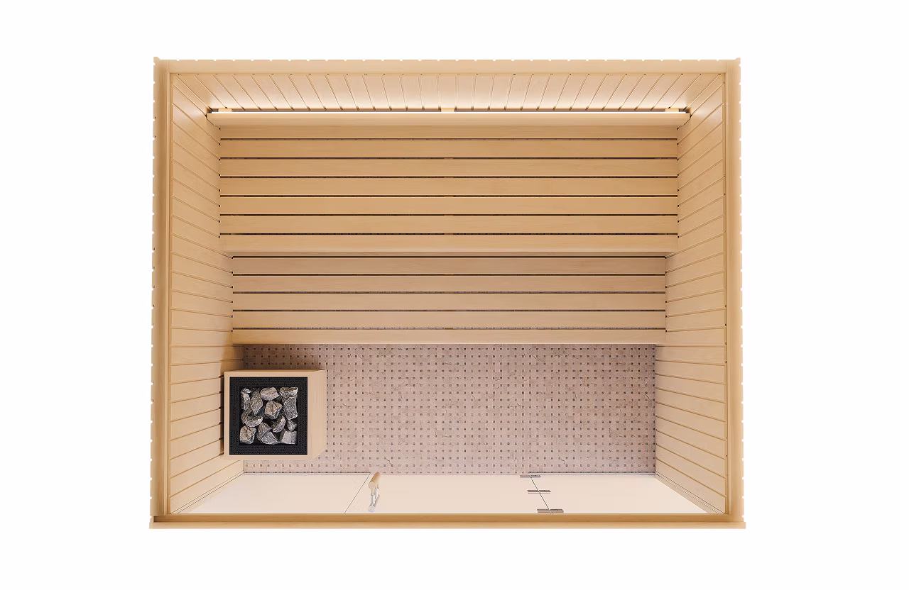 Empty wooden box with a small black-and-white framed artwork inside.
