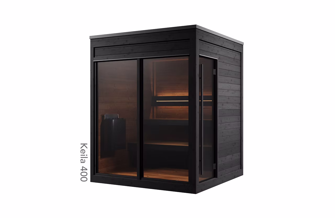 A sleek black sauna cabin with glass doors and interior seating.