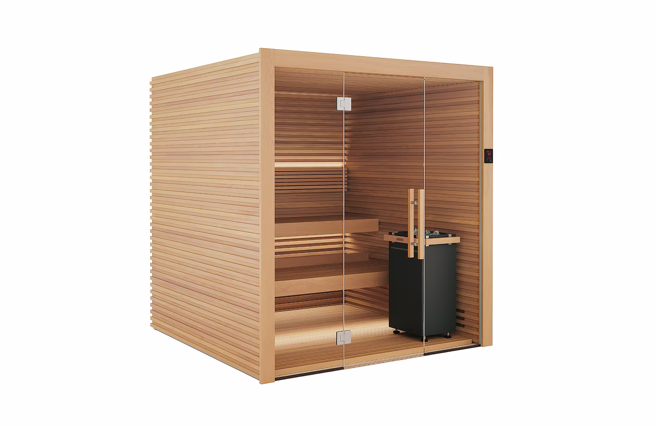 Modern wooden sauna cabin with glass door and heater inside.