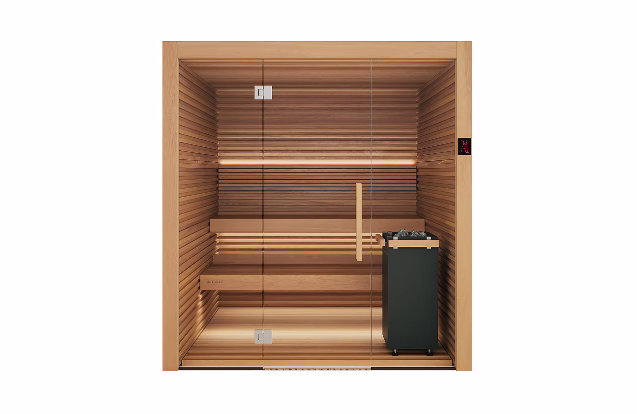 Modern wooden sauna room with benches and heater.