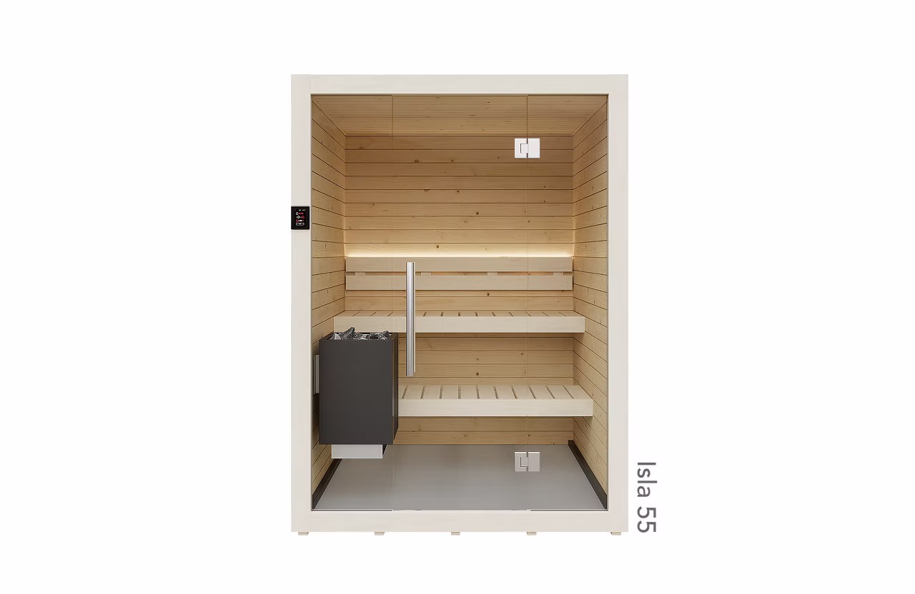 Wooden sauna room with benches and a heater inside.