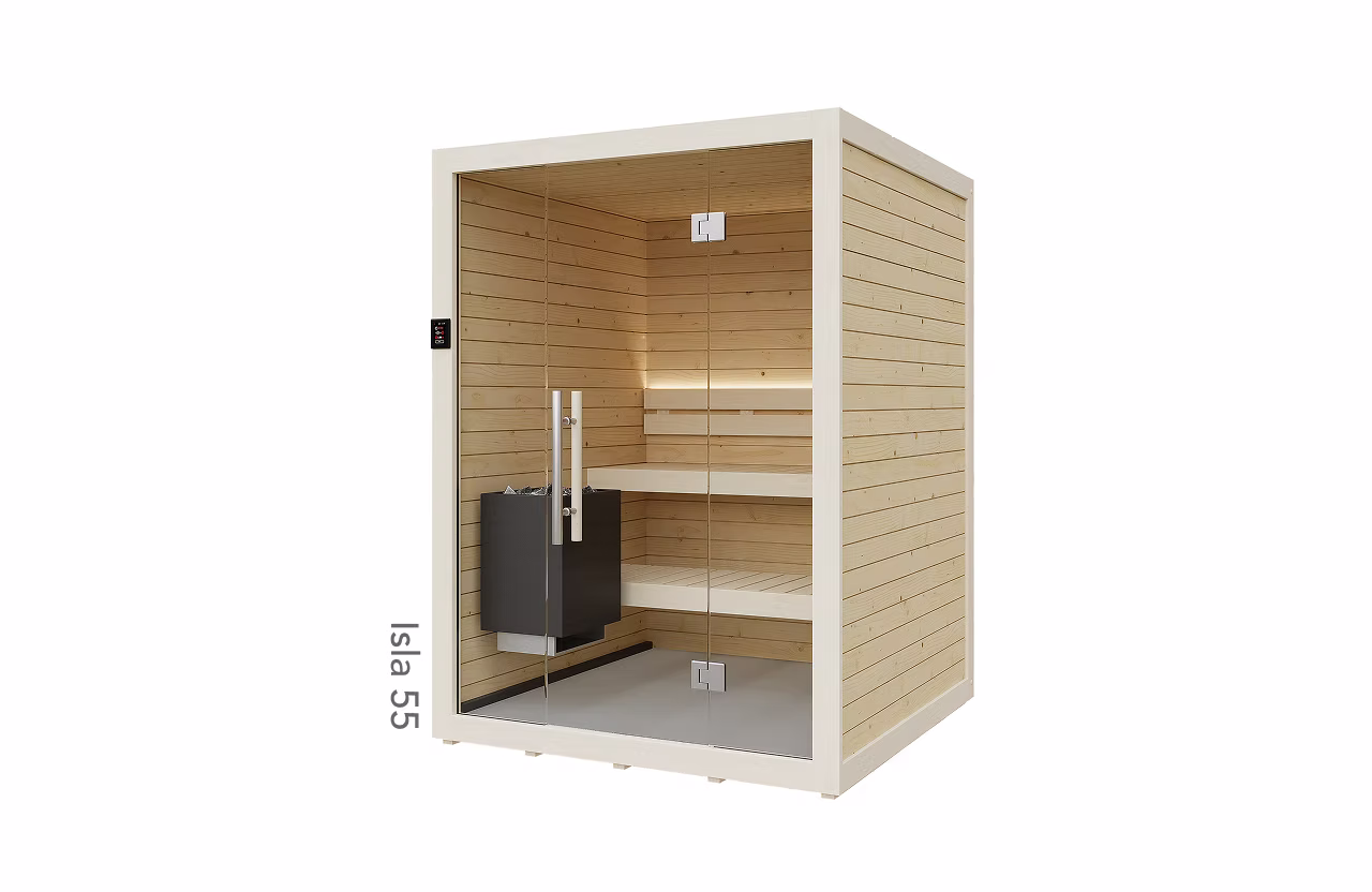 Modern wooden sauna with glass door and interior benches.