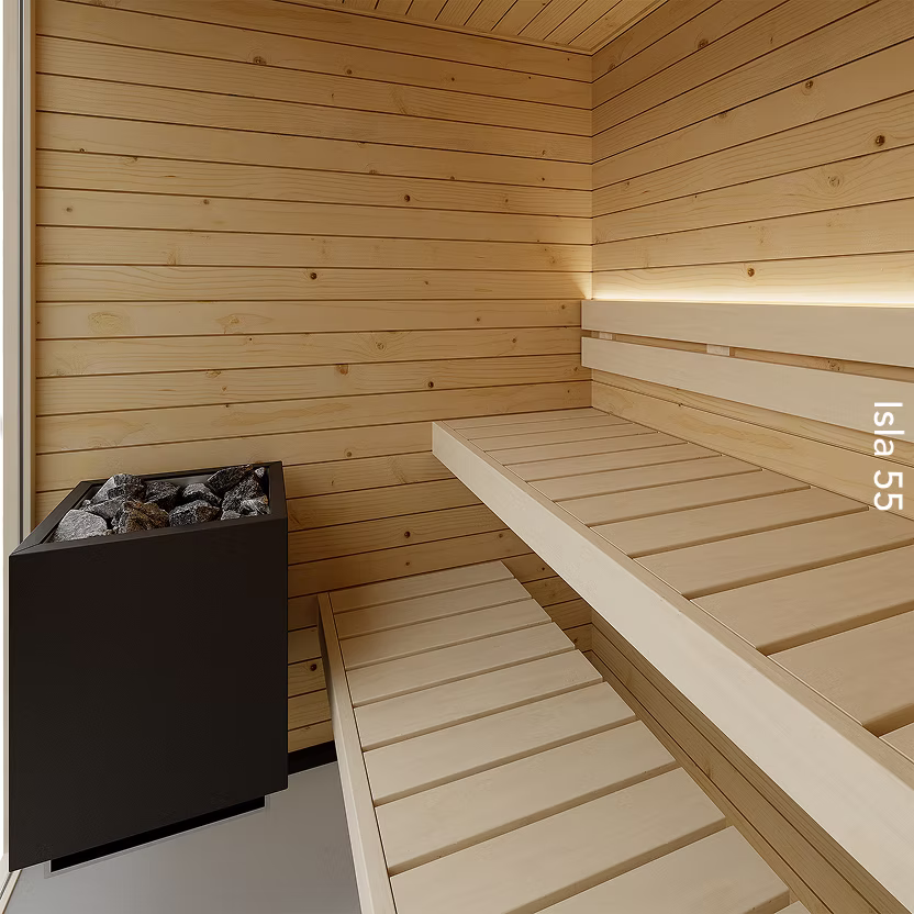 Cozy wooden sauna with bench seating and heater.