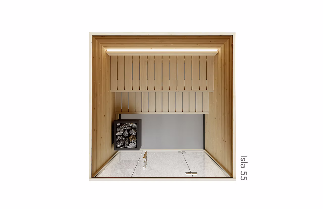 Top-down view of a modern bathroom with a shower, sink, and wooden accents.