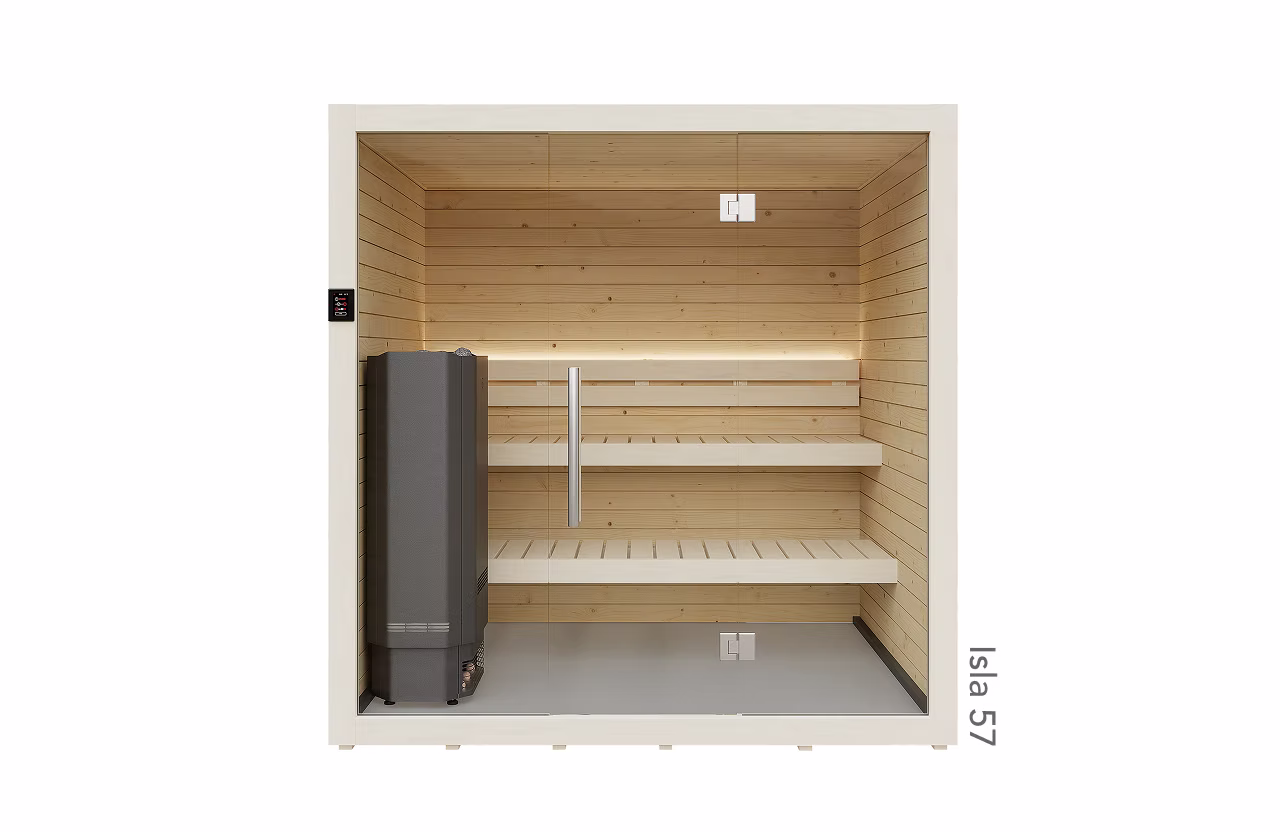 Minimalist wooden sauna with benches and heater.